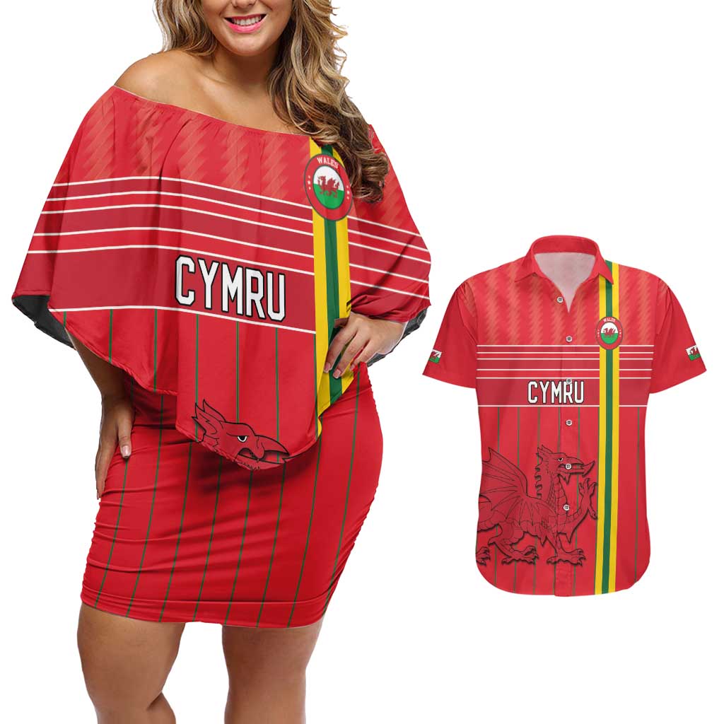 Custom World Football 2026 Wales Couples Matching Off Shoulder Short Dress and Hawaiian Shirt Cymru Together Stronger - Wonder Print Shop