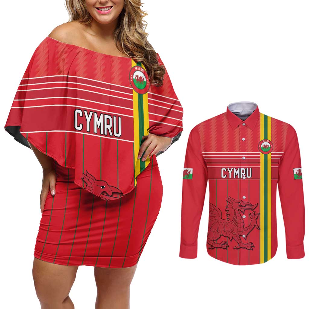 Custom World Football 2026 Wales Couples Matching Off Shoulder Short Dress and Long Sleeve Button Shirt Cymru Together Stronger - Wonder Print Shop