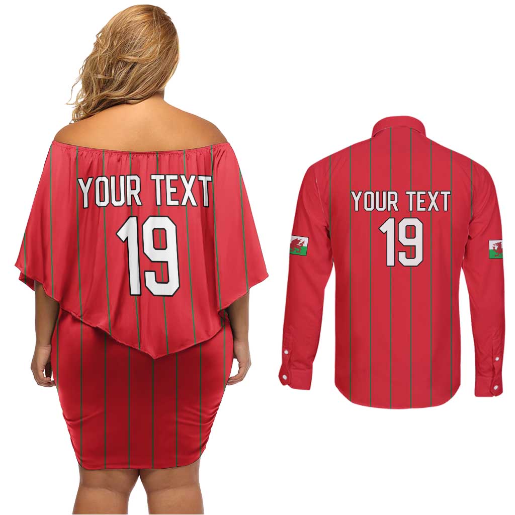Custom World Football 2026 Wales Couples Matching Off Shoulder Short Dress and Long Sleeve Button Shirt Cymru Together Stronger - Wonder Print Shop