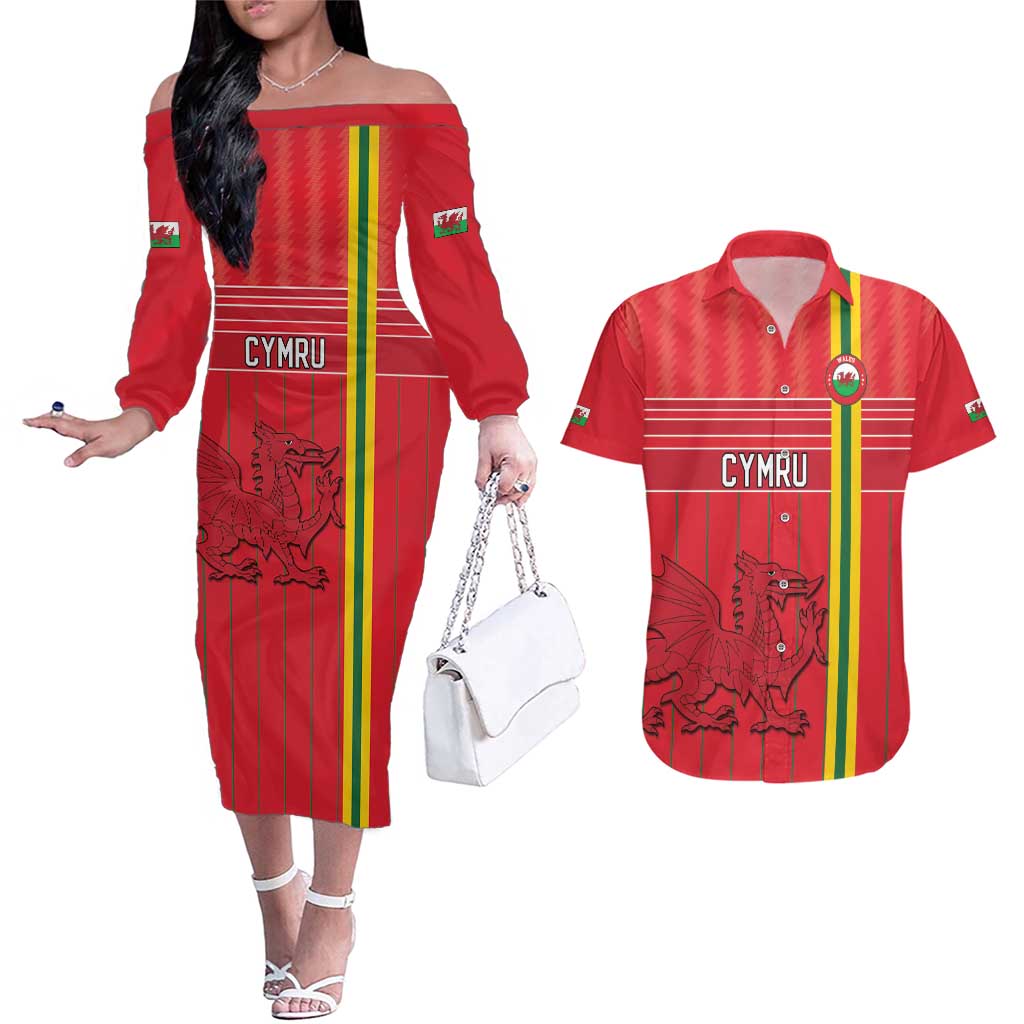Custom World Football 2026 Wales Couples Matching Off The Shoulder Long Sleeve Dress and Hawaiian Shirt Cymru Together Stronger - Wonder Print Shop