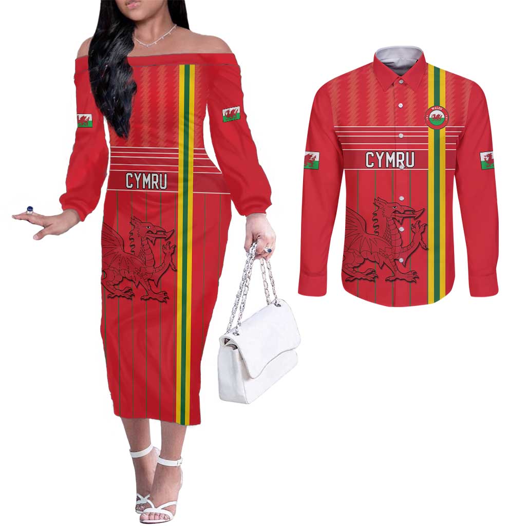 Custom World Football 2026 Wales Couples Matching Off The Shoulder Long Sleeve Dress and Long Sleeve Button Shirt Cymru Together Stronger - Wonder Print Shop