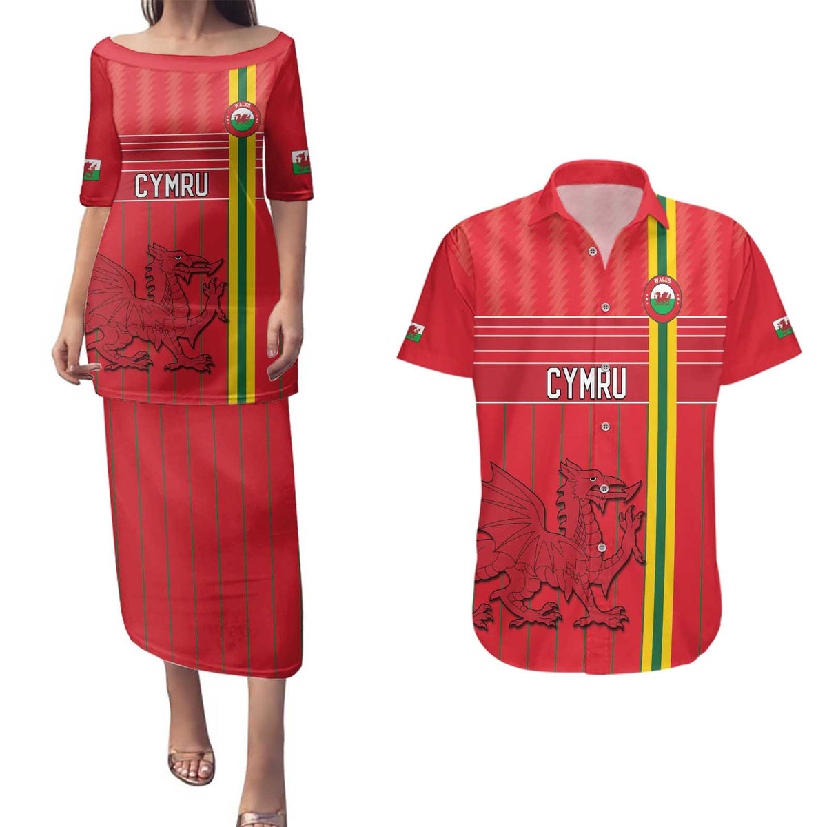 Custom World Football 2026 Wales Couples Matching Puletasi and Hawaiian Shirt Cymru Together Stronger - Wonder Print Shop