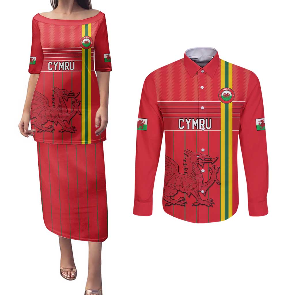 Custom World Football 2026 Wales Couples Matching Puletasi and Long Sleeve Button Shirt Cymru Together Stronger - Wonder Print Shop