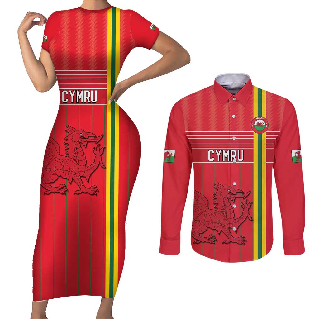 Custom World Football 2026 Wales Couples Matching Short Sleeve Bodycon Dress and Long Sleeve Button Shirt Cymru Together Stronger - Wonder Print Shop