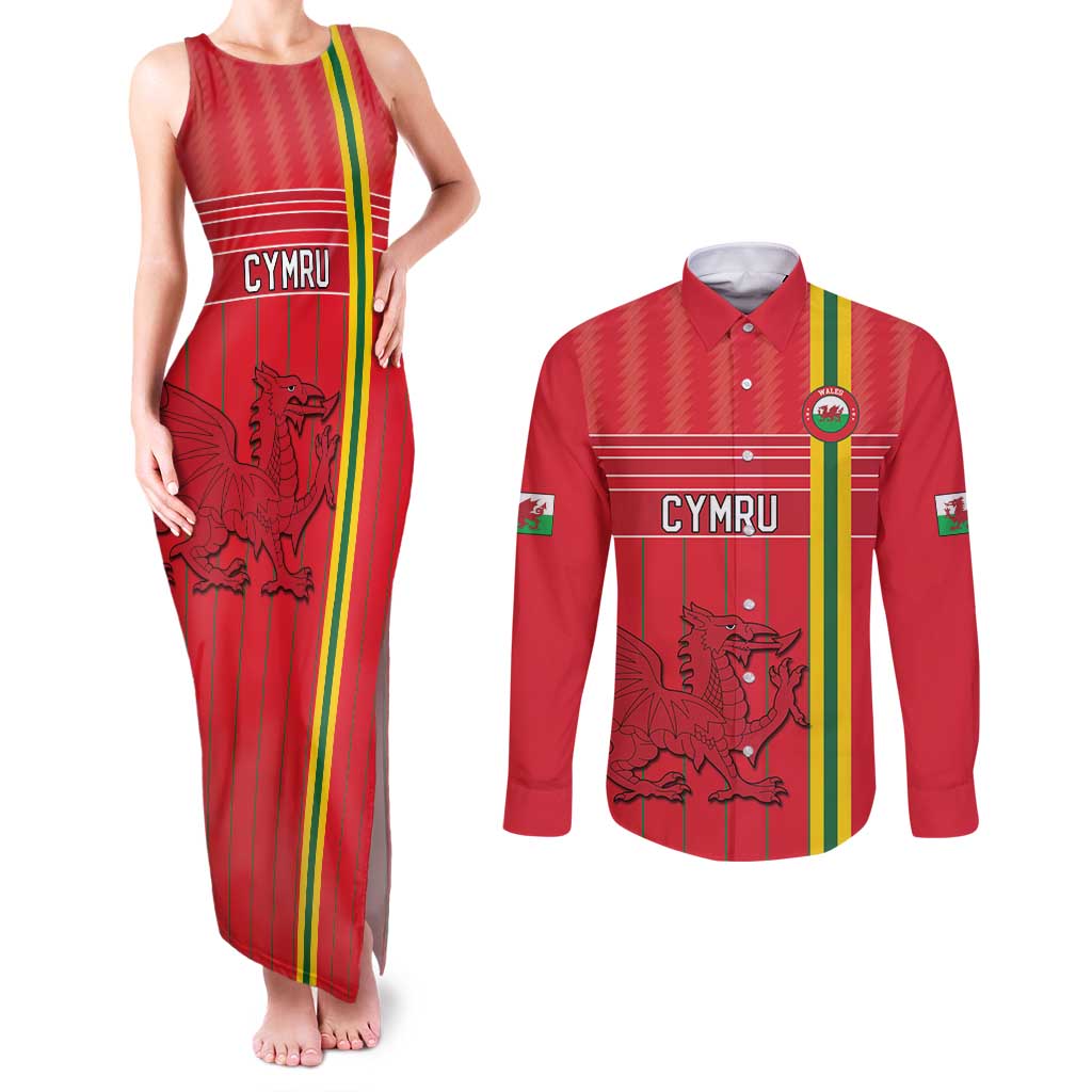 Custom World Football 2026 Wales Couples Matching Tank Maxi Dress and Long Sleeve Button Shirt Cymru Together Stronger - Wonder Print Shop