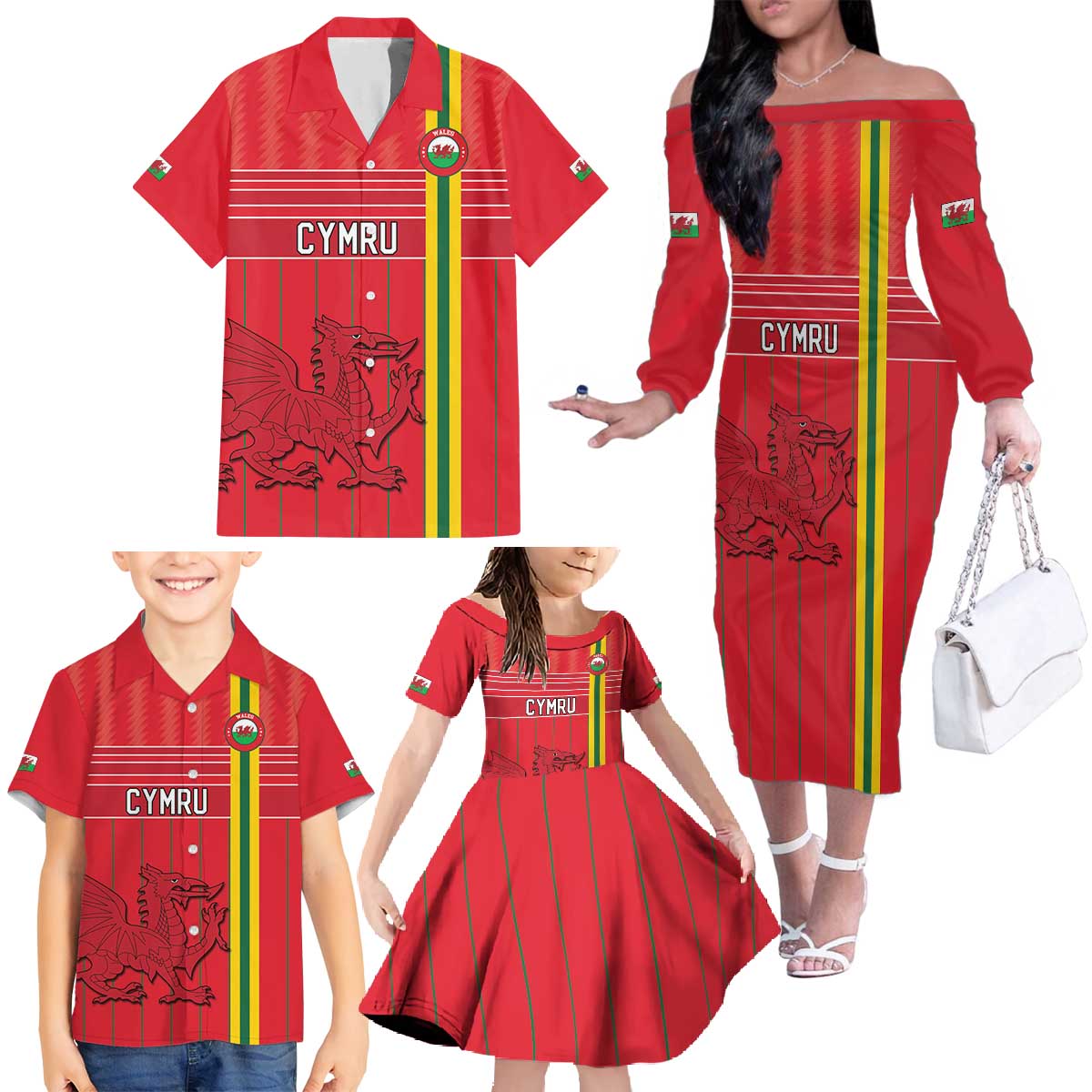 Custom World Football 2026 Wales Family Matching Off The Shoulder Long Sleeve Dress and Hawaiian Shirt Cymru Together Stronger - Wonder Print Shop