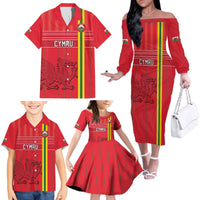 Custom World Football 2026 Wales Family Matching Off The Shoulder Long Sleeve Dress and Hawaiian Shirt Cymru Together Stronger - Wonder Print Shop