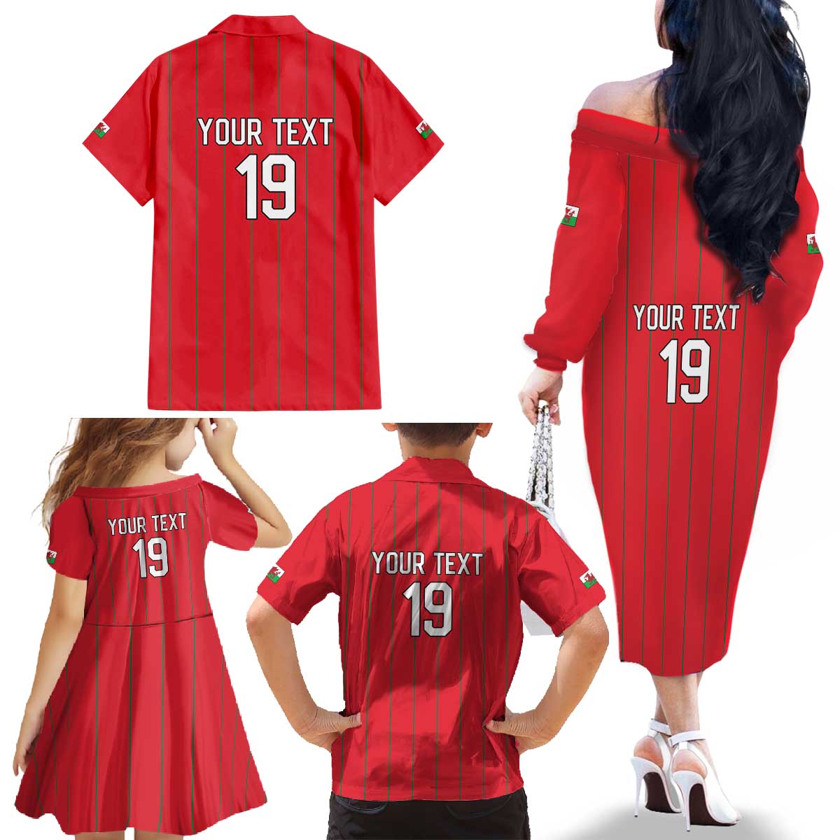 Custom World Football 2026 Wales Family Matching Off The Shoulder Long Sleeve Dress and Hawaiian Shirt Cymru Together Stronger - Wonder Print Shop