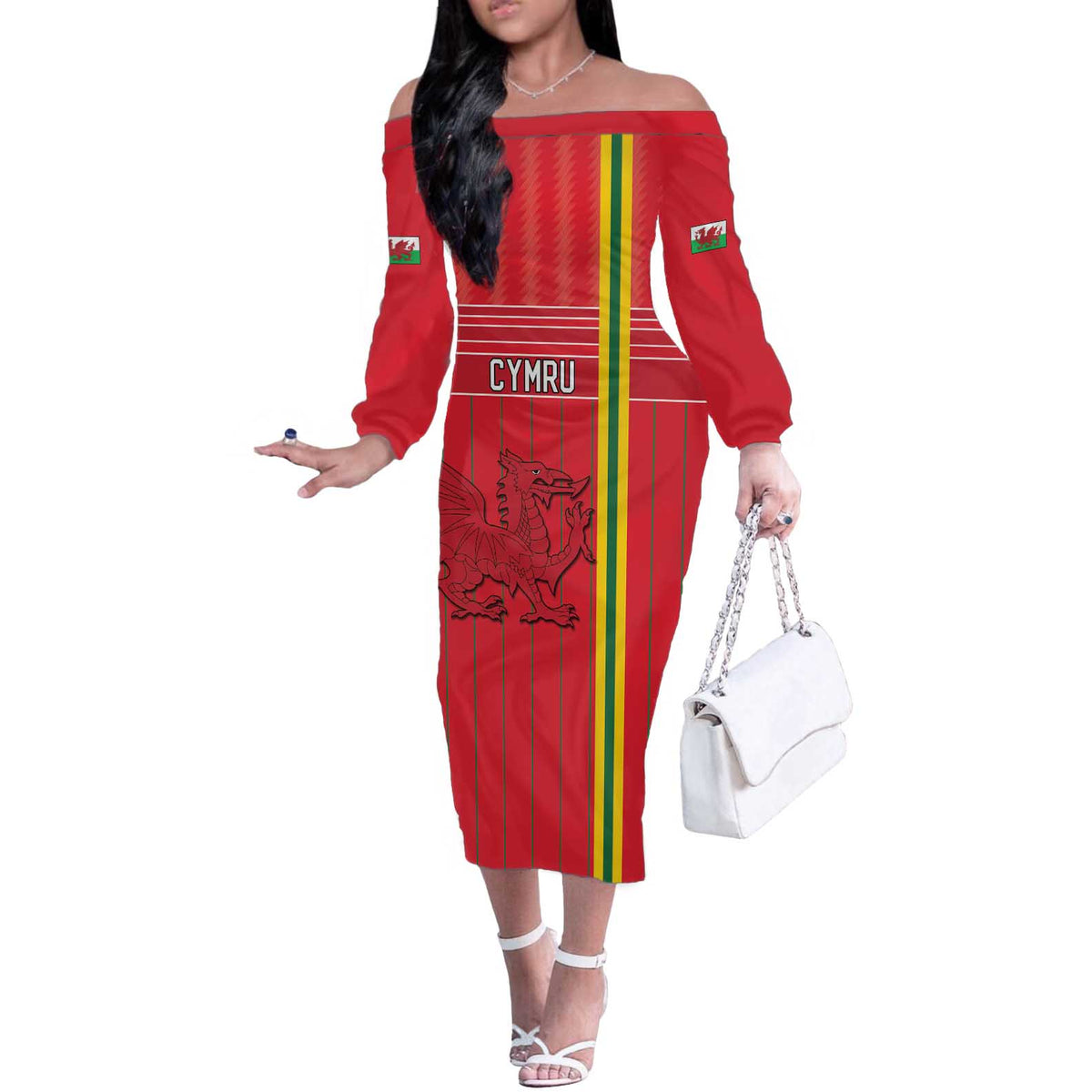 Custom World Football 2026 Wales Off The Shoulder Long Sleeve Dress Cymru Together Stronger - Wonder Print Shop