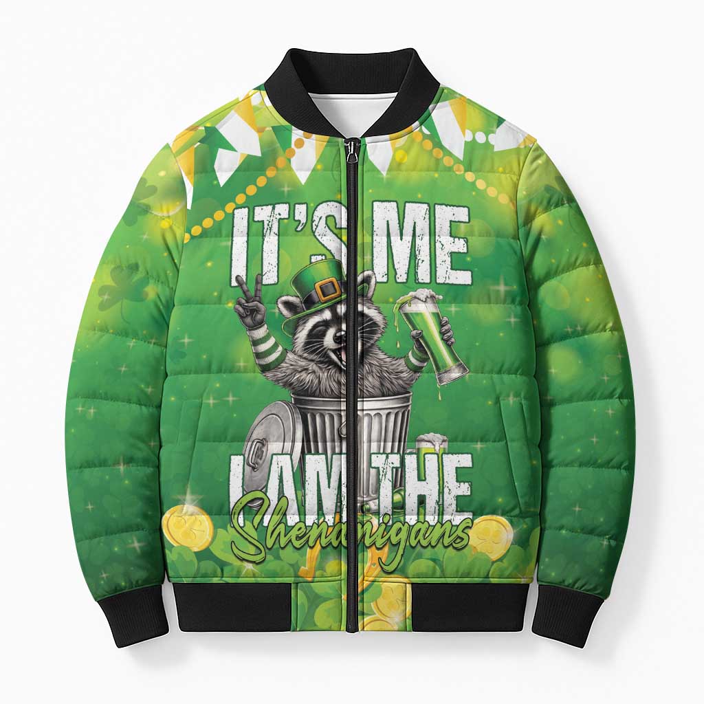 Funny Raccoon St Patrick's Day Bomber Puffer Jacket It's Me I Am the Shenanigans