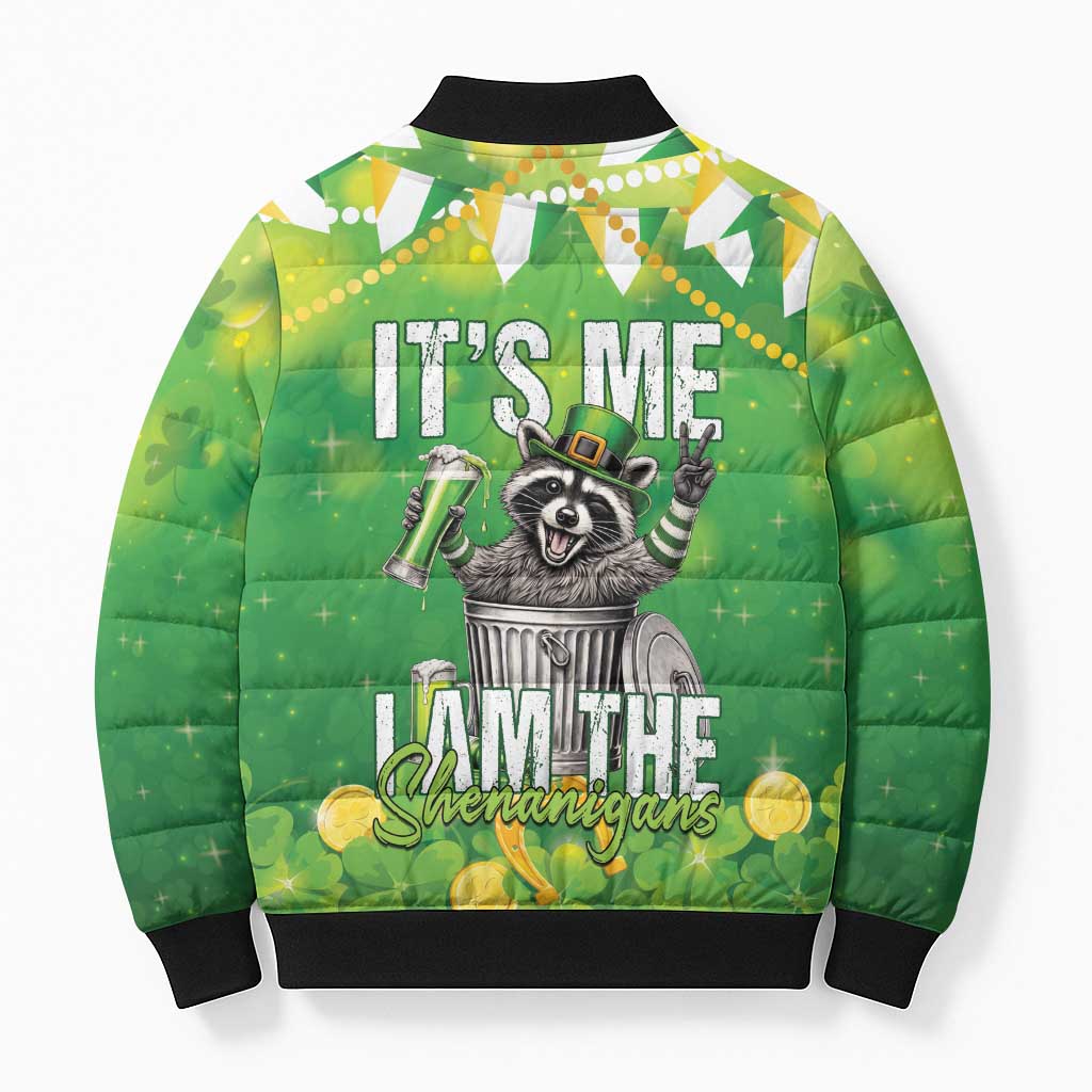 Funny Raccoon St Patrick's Day Bomber Puffer Jacket It's Me I Am the Shenanigans