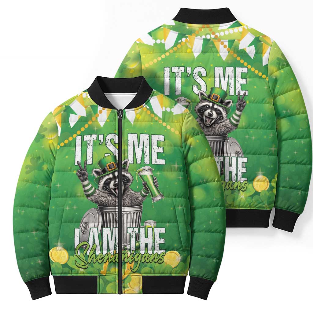 Funny Raccoon St Patrick's Day Bomber Puffer Jacket It's Me I Am the Shenanigans