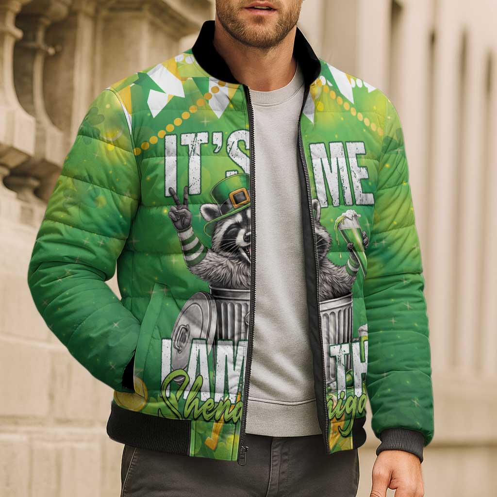 Funny Raccoon St Patrick's Day Bomber Puffer Jacket It's Me I Am the Shenanigans