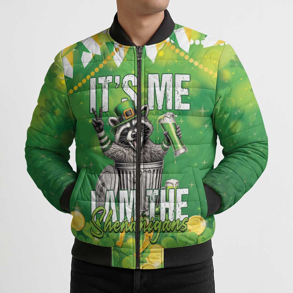 Funny Raccoon St Patrick's Day Bomber Puffer Jacket It's Me I Am the Shenanigans