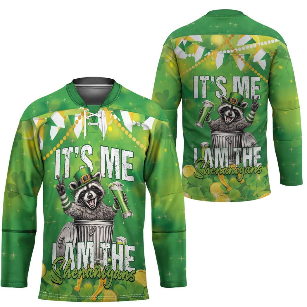Funny Raccoon St Patrick's Day Hockey Jersey It's Me I Am the Shenanigans