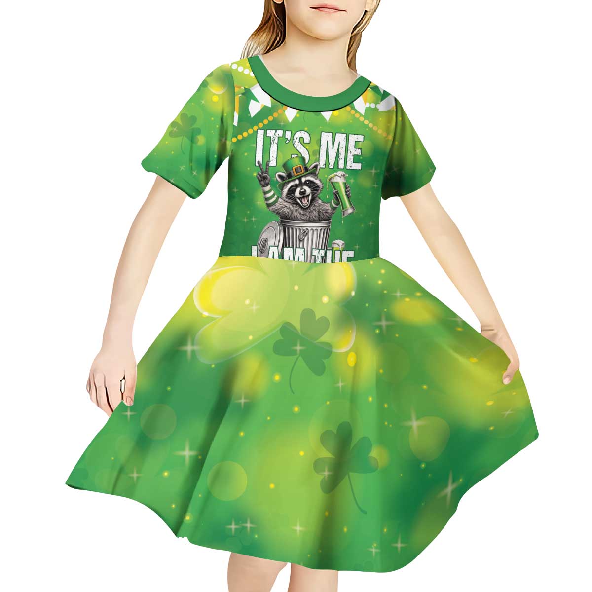 Funny Raccoon St Patrick's Day Kid Short Sleeve Dress It's Me I Am the Shenanigans
