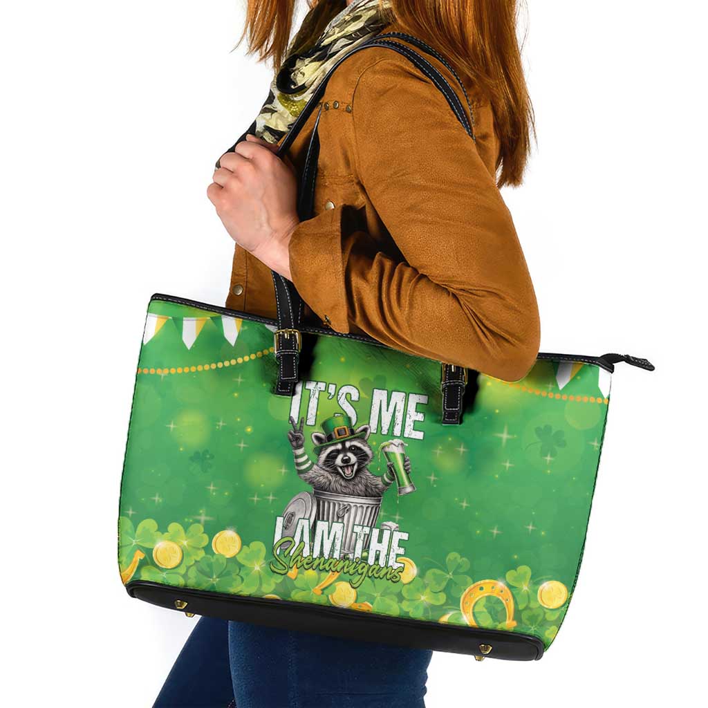 Funny Raccoon St Patrick's Day Leather Tote Bag It's Me I Am the Shenanigans