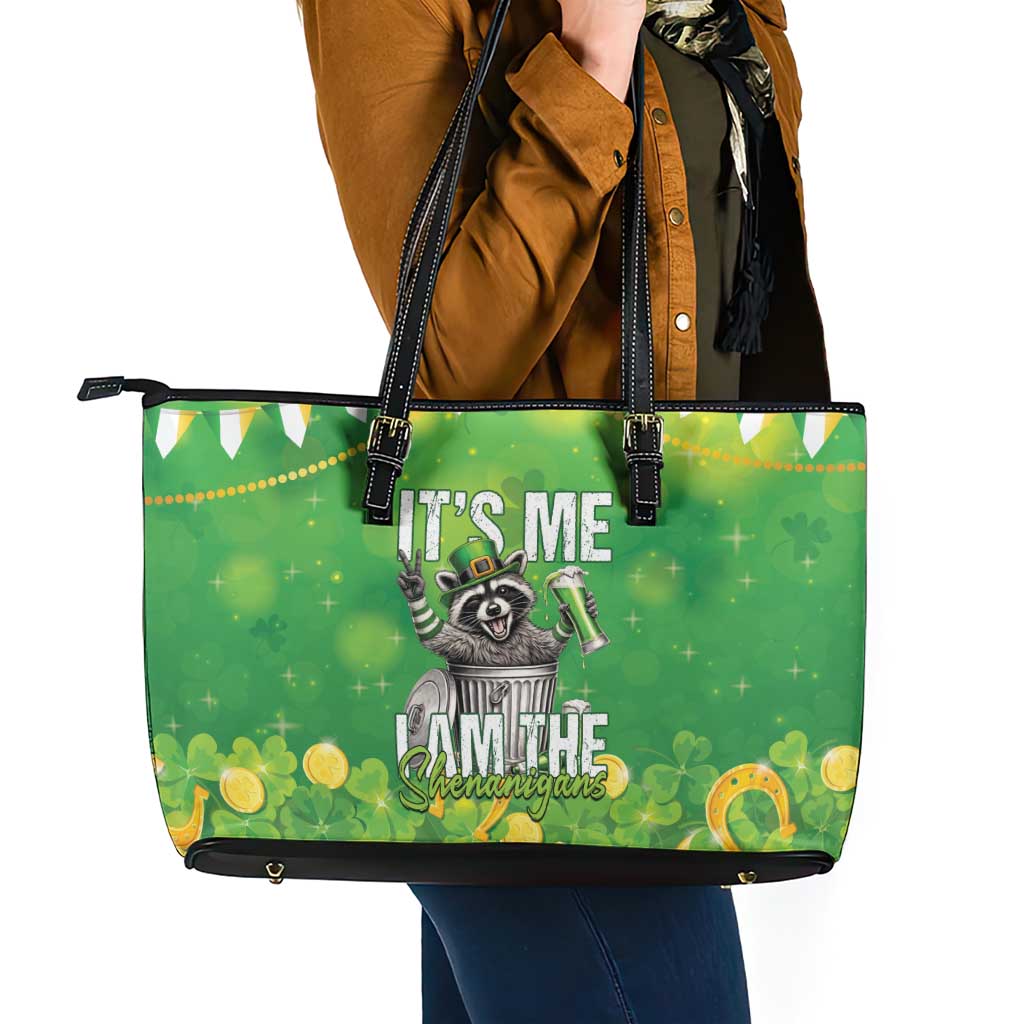 Funny Raccoon St Patrick's Day Leather Tote Bag It's Me I Am the Shenanigans