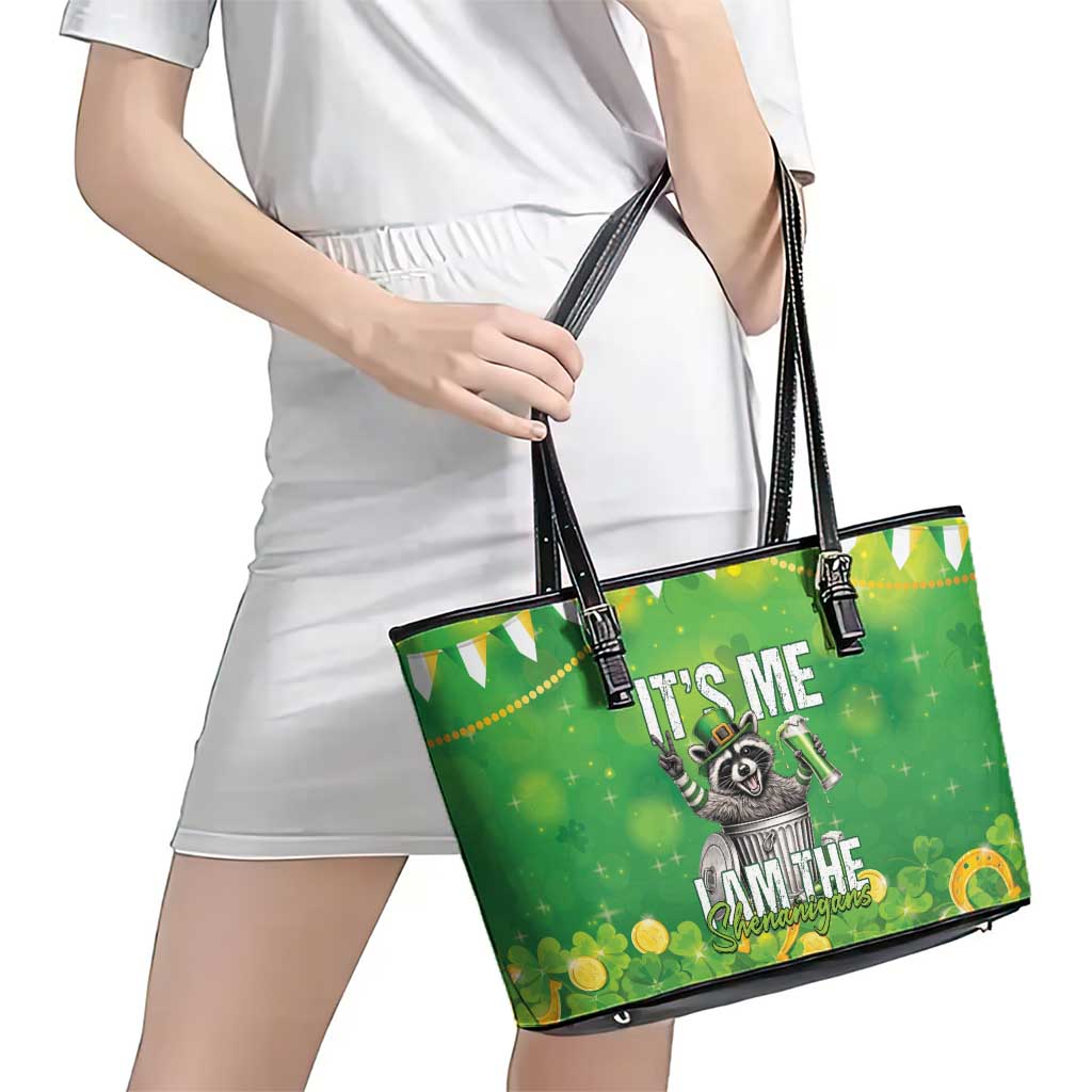 Funny Raccoon St Patrick's Day Leather Tote Bag It's Me I Am the Shenanigans