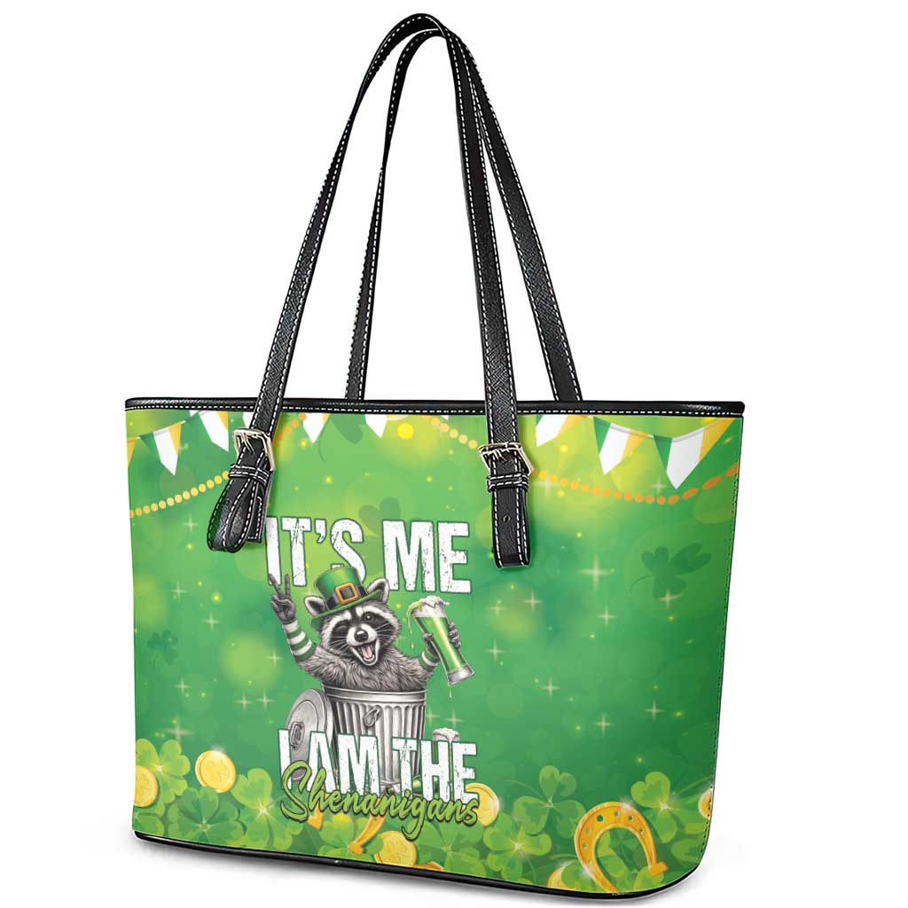 Funny Raccoon St Patrick's Day Leather Tote Bag It's Me I Am the Shenanigans
