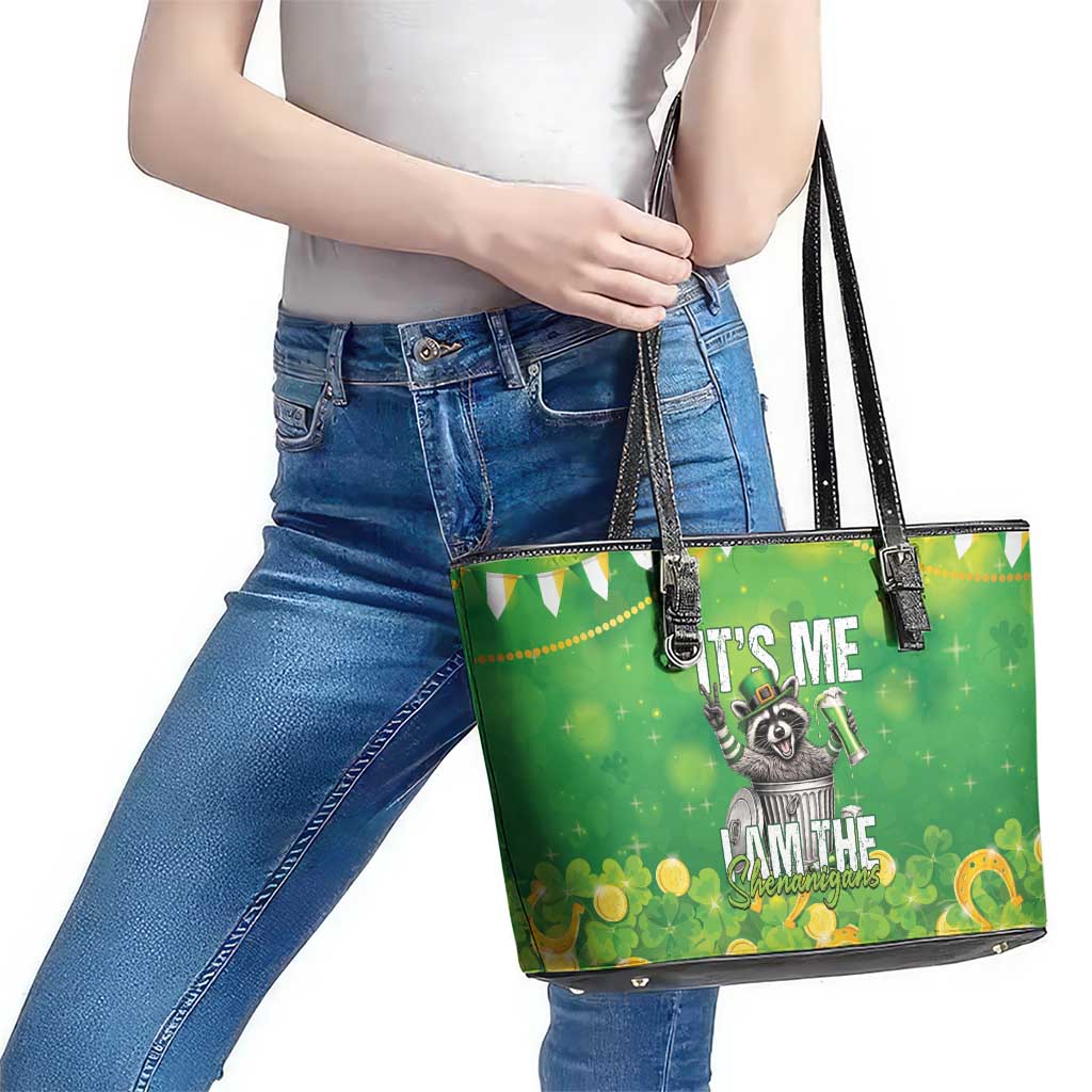 Funny Raccoon St Patrick's Day Leather Tote Bag It's Me I Am the Shenanigans