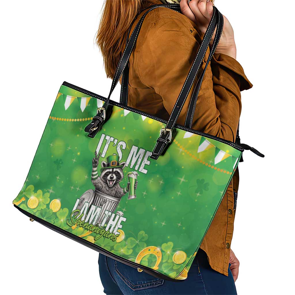 Funny Raccoon St Patrick's Day Leather Tote Bag It's Me I Am the Shenanigans