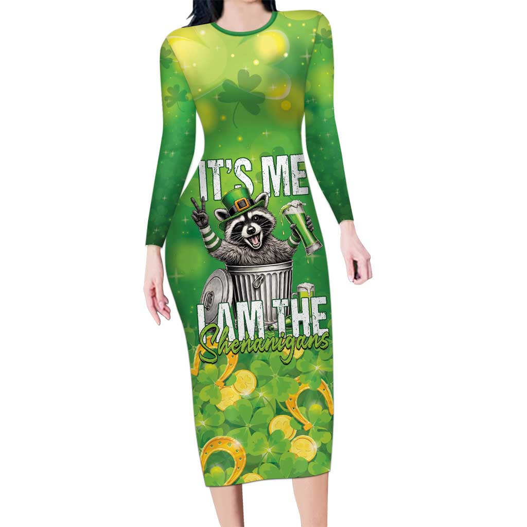 Funny Raccoon St Patrick's Day Long Sleeve Bodycon Dress It's Me I Am the Shenanigans