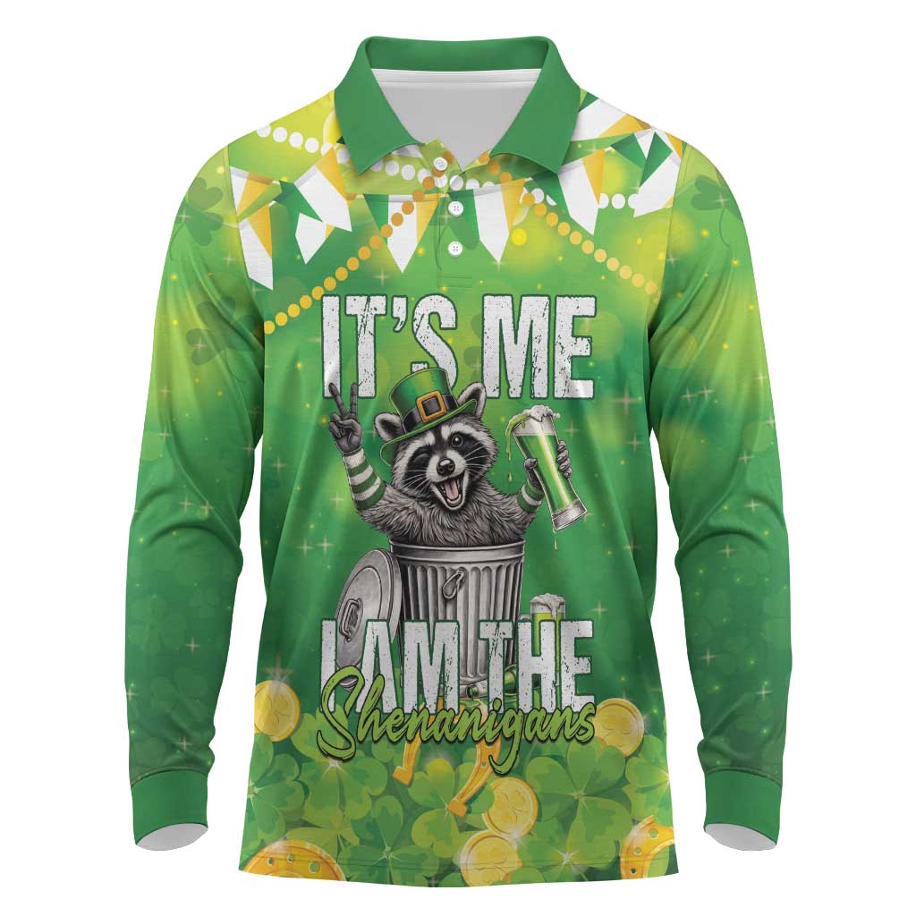 Funny Raccoon St Patrick's Day Long Sleeve Polo Shirt It's Me I Am the Shenanigans