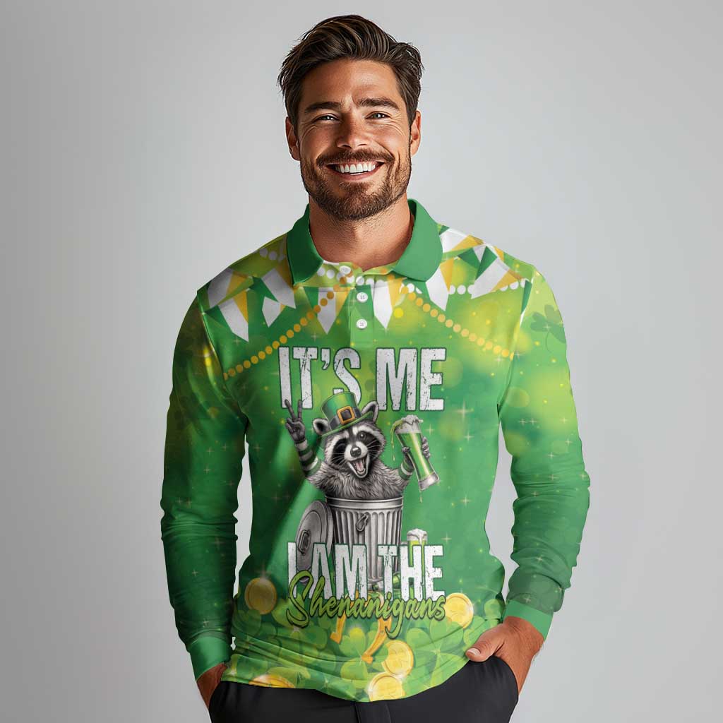 Funny Raccoon St Patrick's Day Long Sleeve Polo Shirt It's Me I Am the Shenanigans