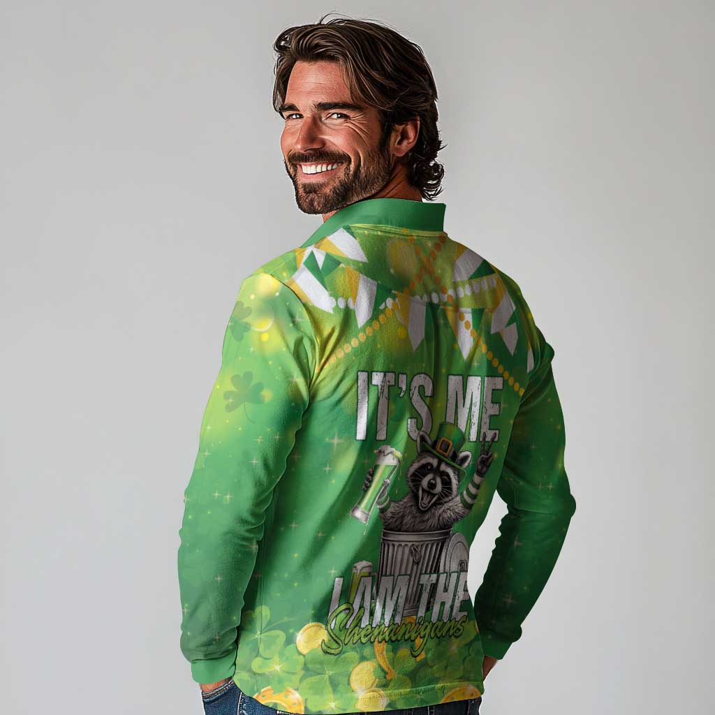 Funny Raccoon St Patrick's Day Long Sleeve Polo Shirt It's Me I Am the Shenanigans