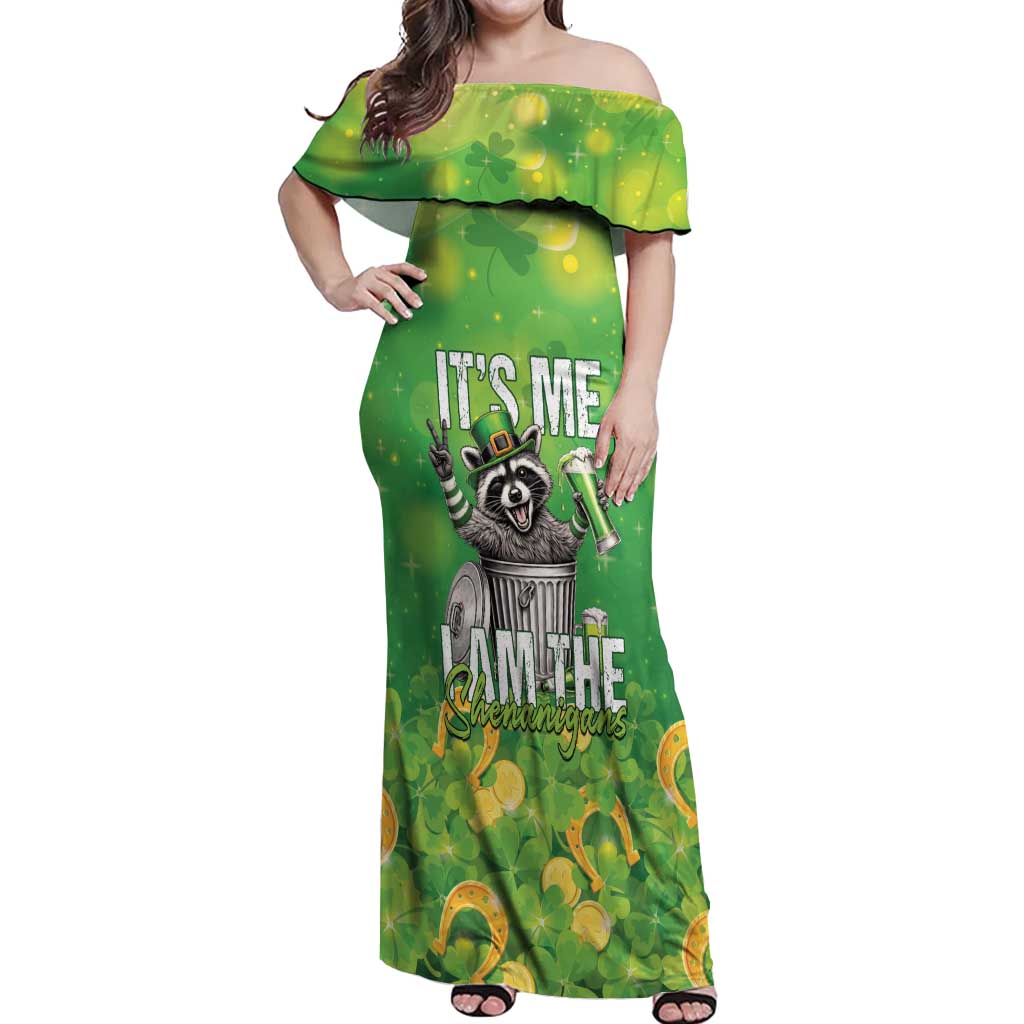 Funny Raccoon St Patrick's Day Off Shoulder Maxi Dress It's Me I Am the Shenanigans