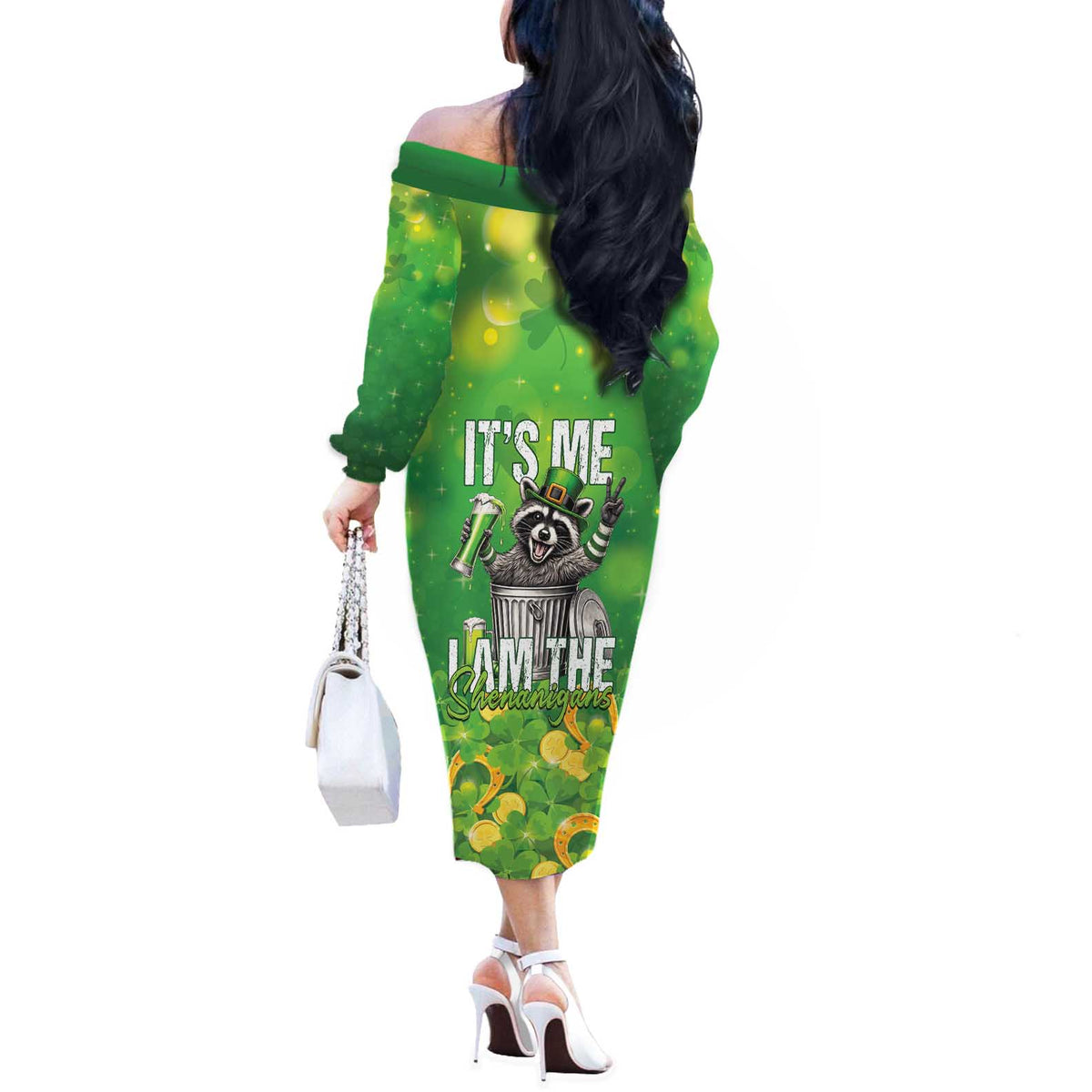 Funny Raccoon St Patrick's Day Off The Shoulder Long Sleeve Dress It's Me I Am the Shenanigans