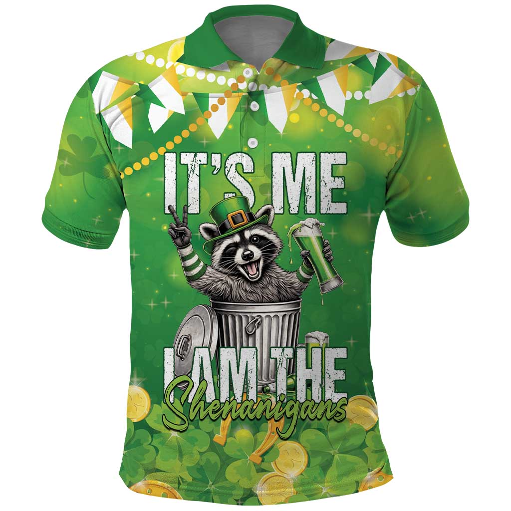 Funny Raccoon St Patrick's Day Polo Shirt It's Me I Am the Shenanigans