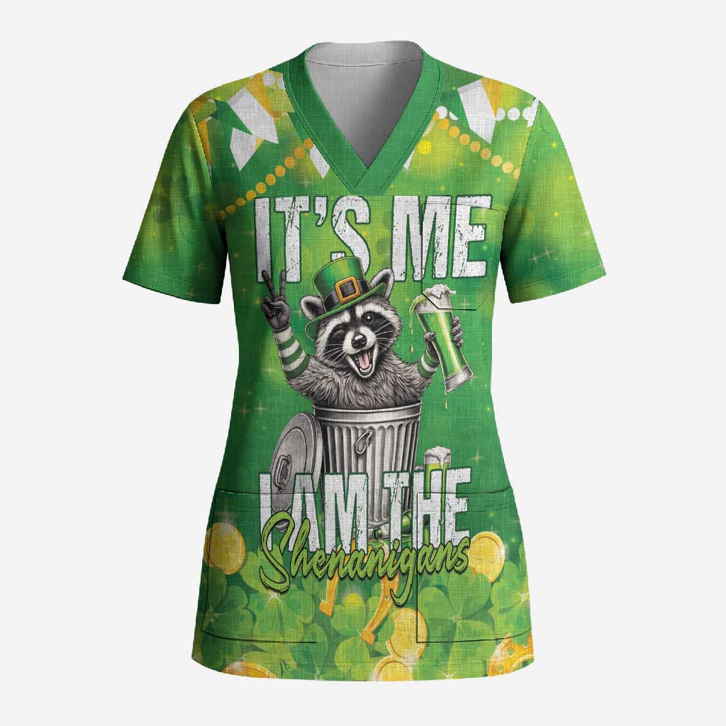 Funny Raccoon St Patrick's Day Scrub Top It's Me I Am the Shenanigans