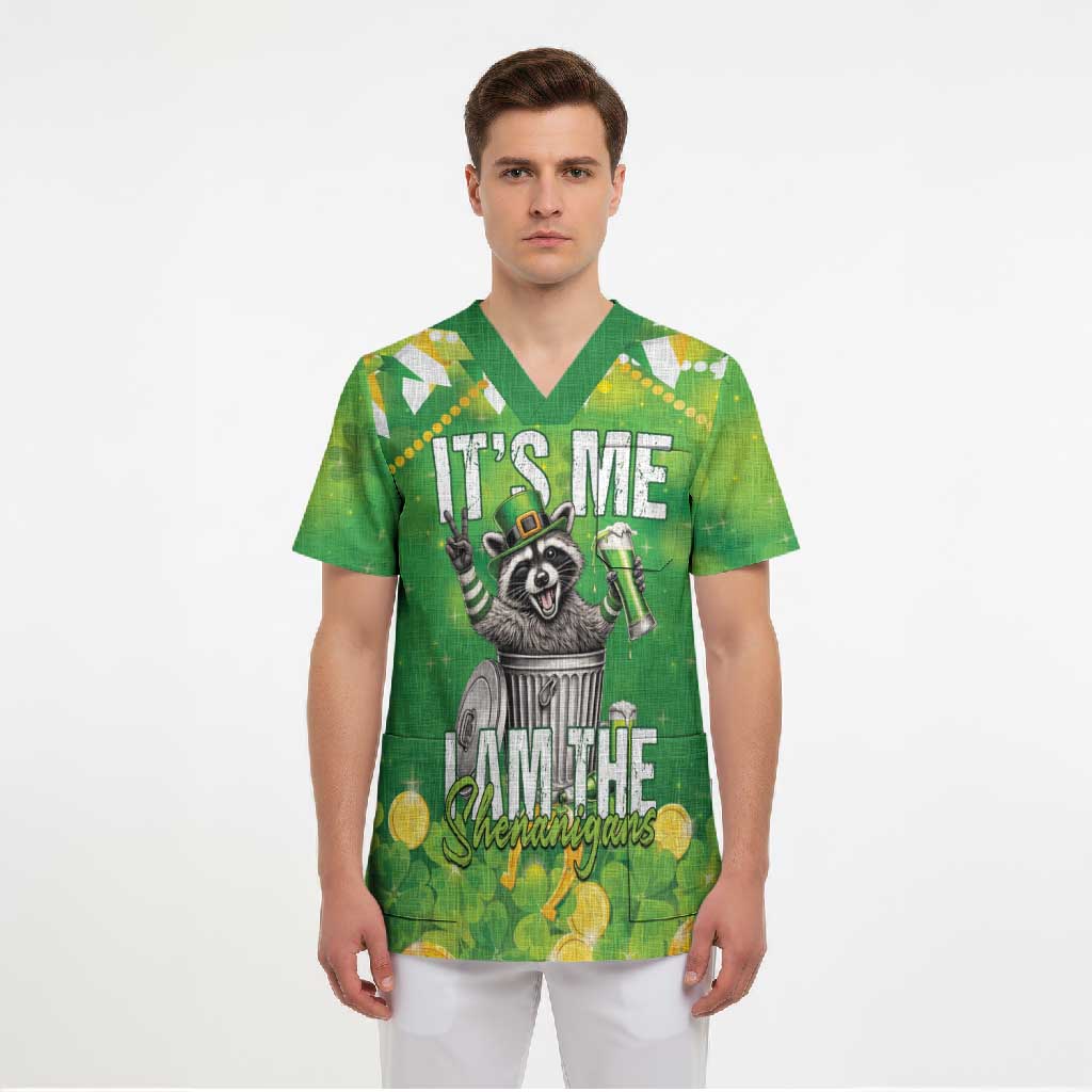 Funny Raccoon St Patrick's Day Scrub Top It's Me I Am the Shenanigans