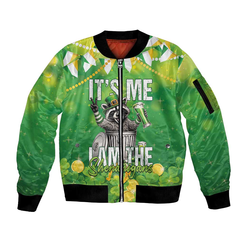 Funny Raccoon St Patrick's Day Sleeve Zip Bomber Jacket It's Me I Am the Shenanigans