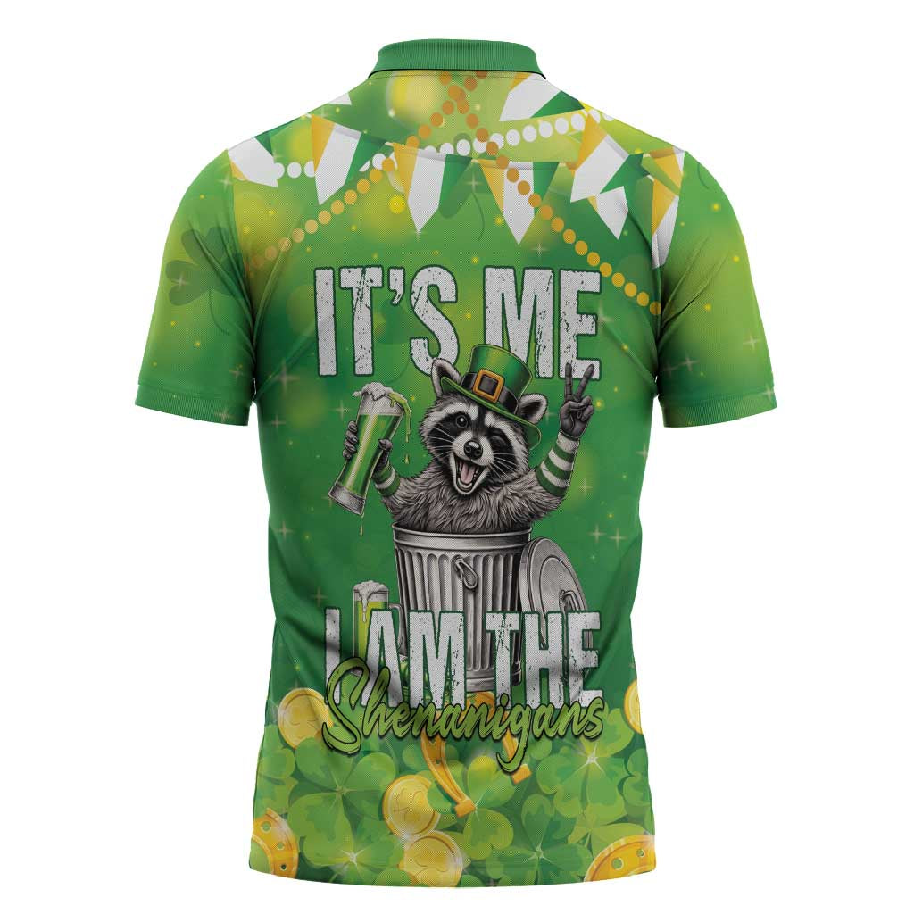 Funny Raccoon St Patrick's Day Zipper Polo Shirt It's Me I Am the Shenanigans