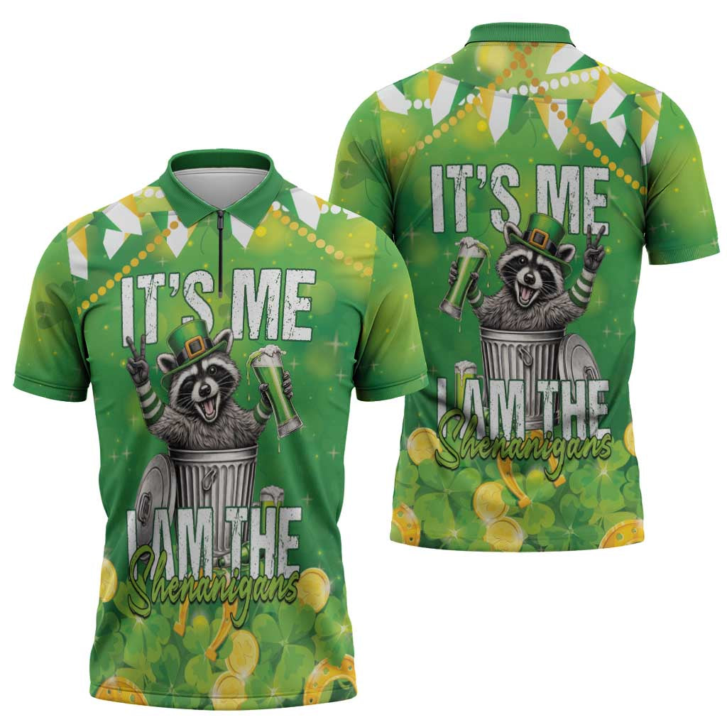 Funny Raccoon St Patrick's Day Zipper Polo Shirt It's Me I Am the Shenanigans