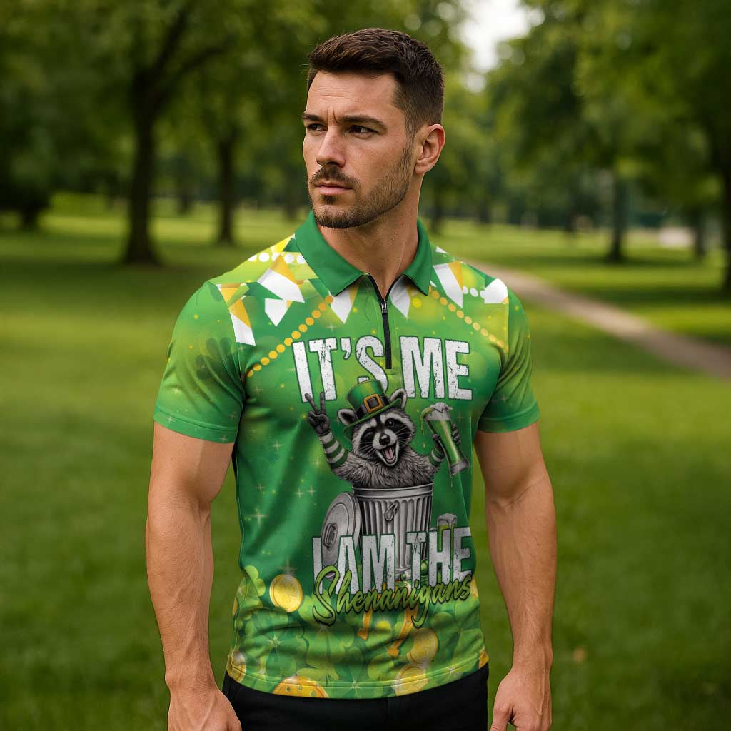 Funny Raccoon St Patrick's Day Zipper Polo Shirt It's Me I Am the Shenanigans