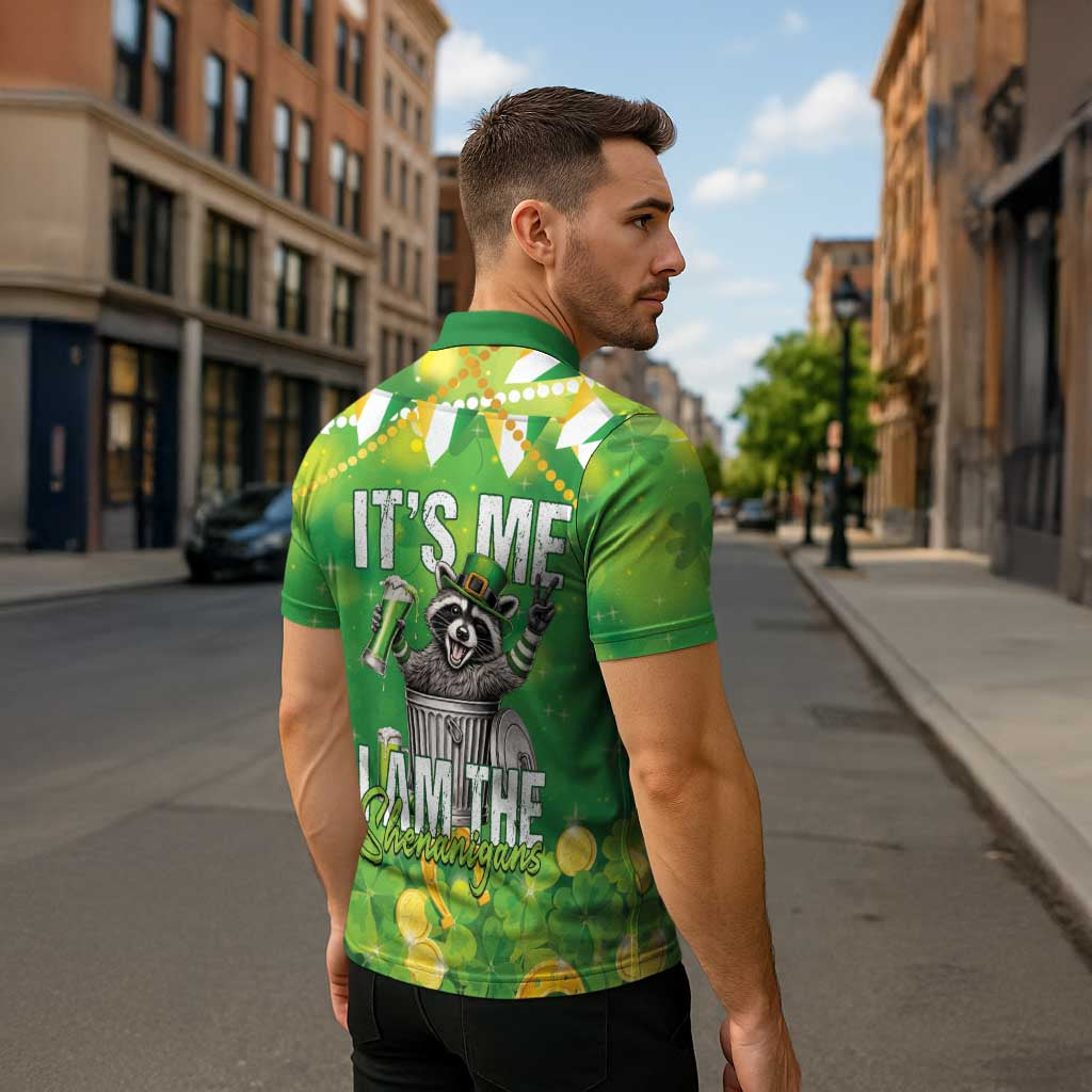 Funny Raccoon St Patrick's Day Zipper Polo Shirt It's Me I Am the Shenanigans