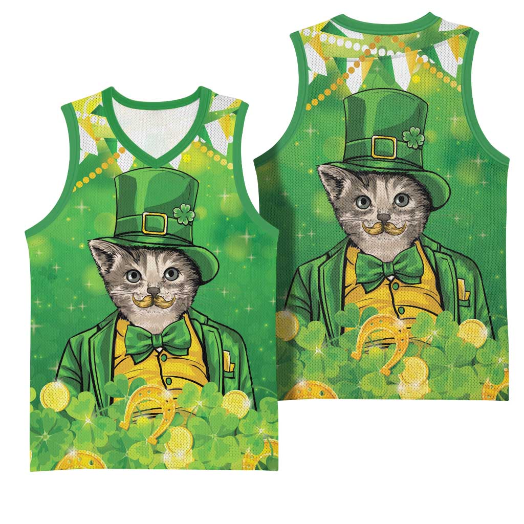Funny Cat St Patrick's Day Basketball Jersey Irish Leprechaun Lucky Cat