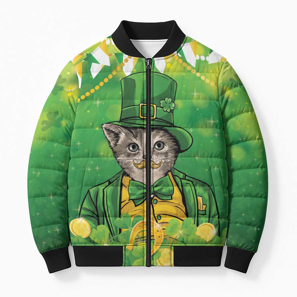 Funny Cat St Patrick's Day Bomber Puffer Jacket Irish Leprechaun Lucky Cat