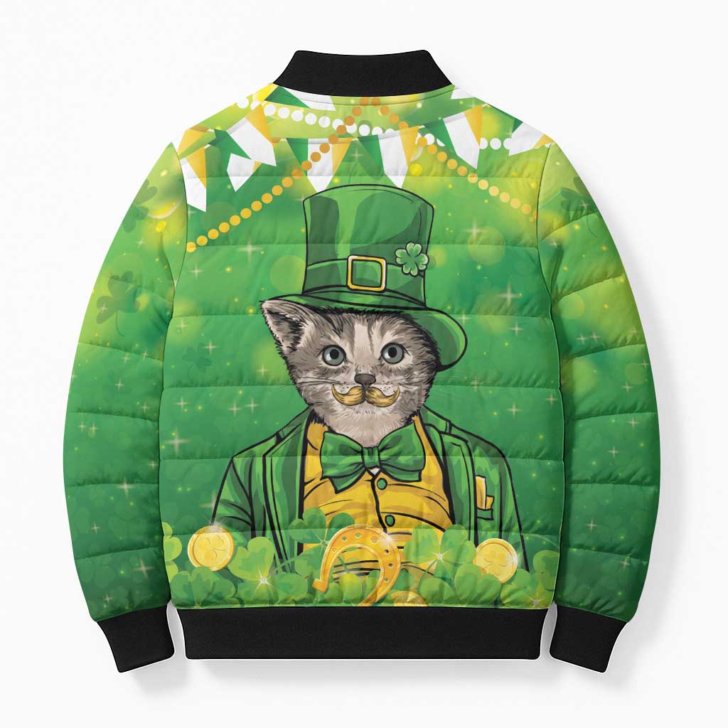 Funny Cat St Patrick's Day Bomber Puffer Jacket Irish Leprechaun Lucky Cat