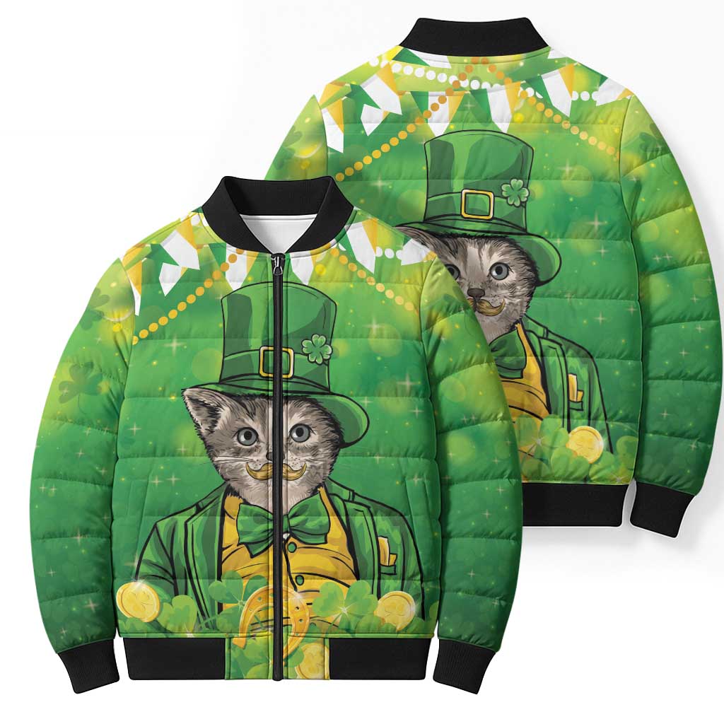 Funny Cat St Patrick's Day Bomber Puffer Jacket Irish Leprechaun Lucky Cat