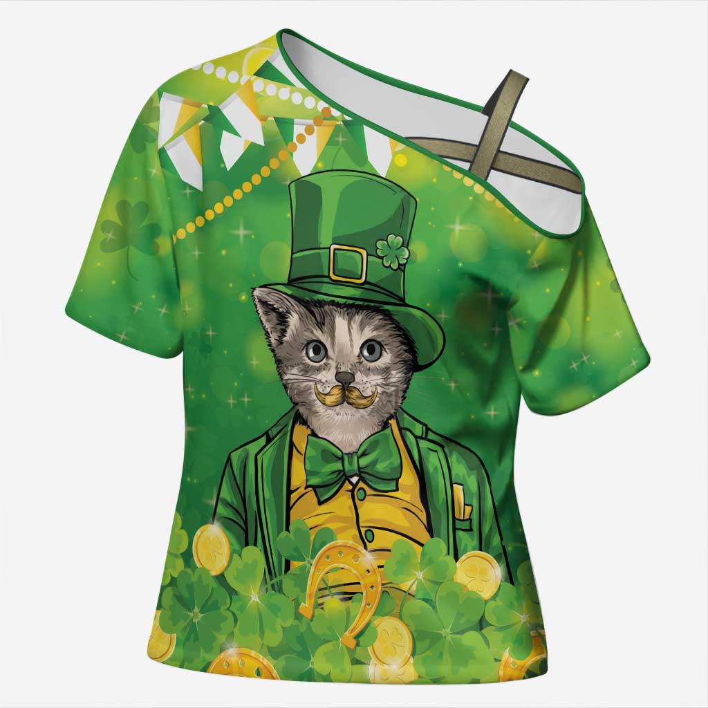 Funny Cat St Patrick's Day Cross Shoulder Shirt Irish Leprechaun Lucky Cat