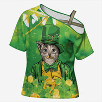 Funny Cat St Patrick's Day Cross Shoulder Shirt Irish Leprechaun Lucky Cat