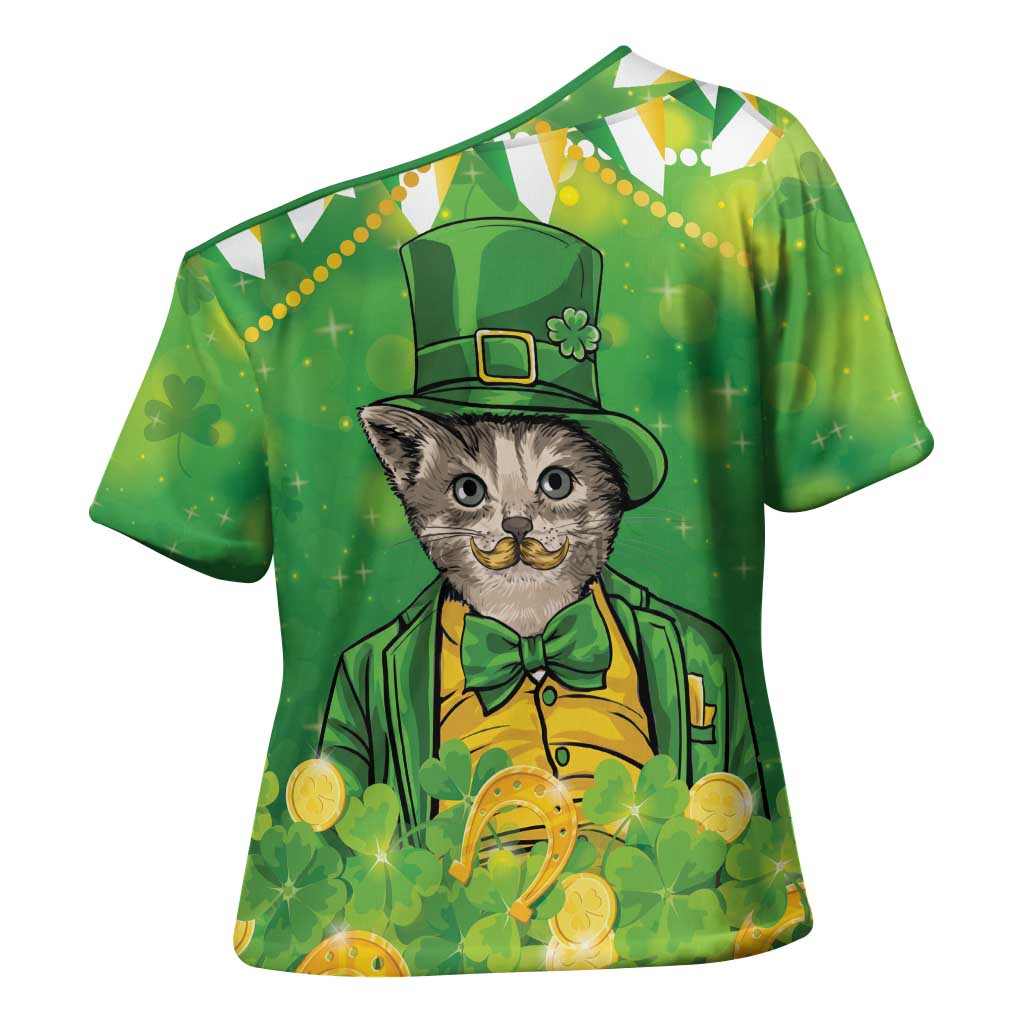 Funny Cat St Patrick's Day Cross Shoulder Shirt Irish Leprechaun Lucky Cat