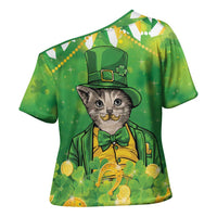 Funny Cat St Patrick's Day Cross Shoulder Shirt Irish Leprechaun Lucky Cat