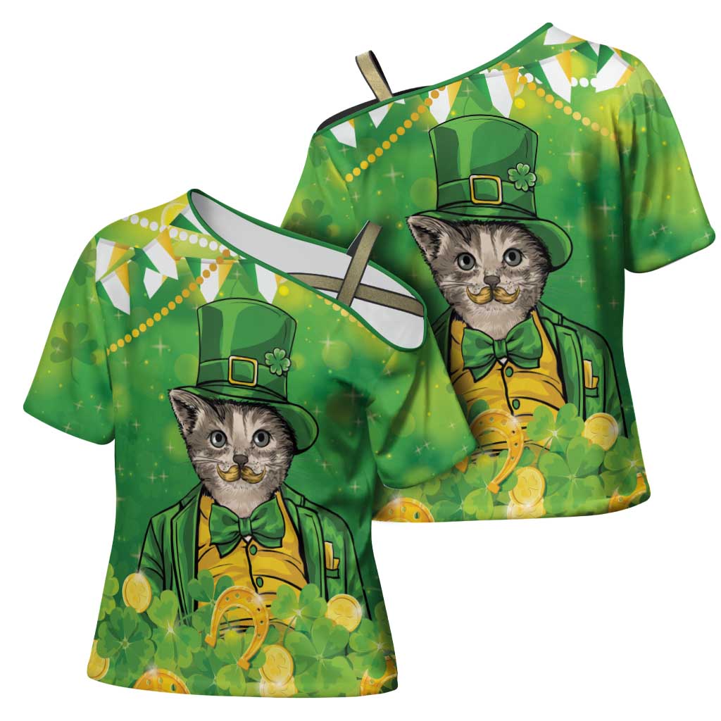 Funny Cat St Patrick's Day Cross Shoulder Shirt Irish Leprechaun Lucky Cat