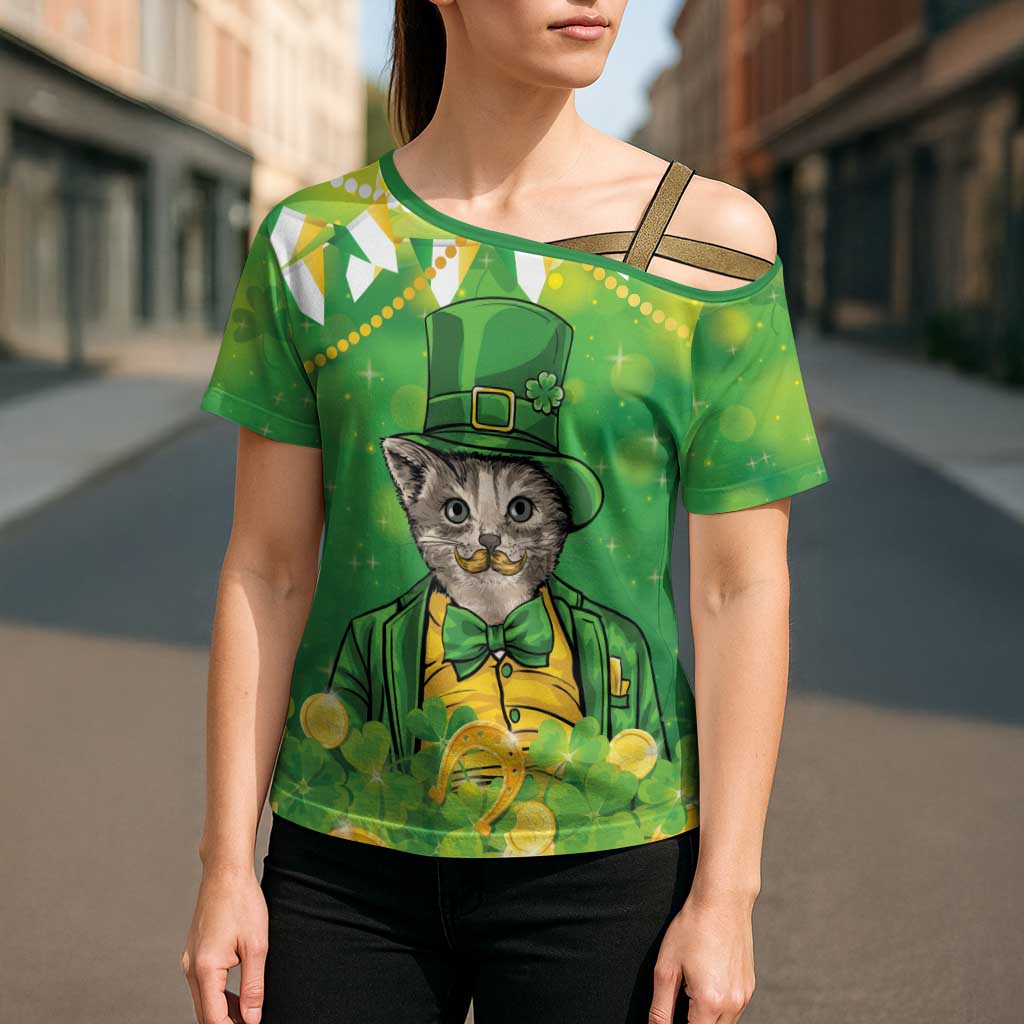 Funny Cat St Patrick's Day Cross Shoulder Shirt Irish Leprechaun Lucky Cat